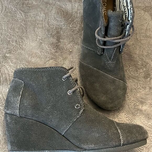 Toms Desert Wedge Gray Suede Leather Ankle Booties Lace Up Size 6.5 - Picture 10 of 10
